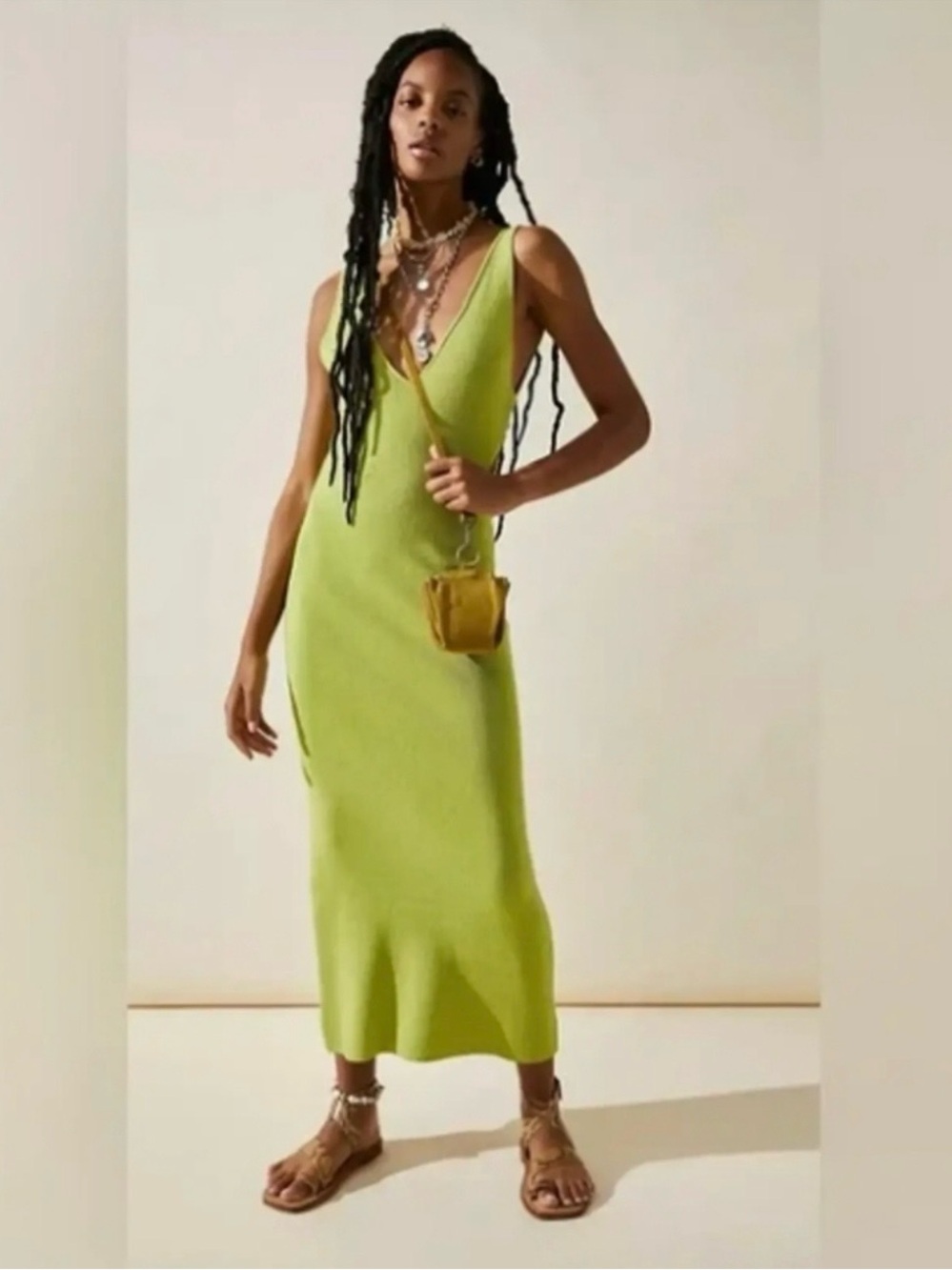 Free People Beach V Neck, low back scooped, Knit Maxi Dress in Lime Green. Sz Lg